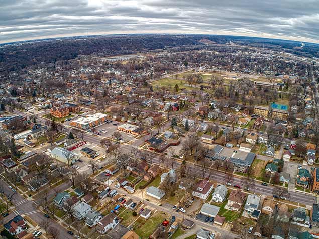 Aerial view of the town of Mankato, MN