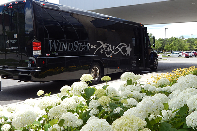 Black Windstar Bus Outside a Building